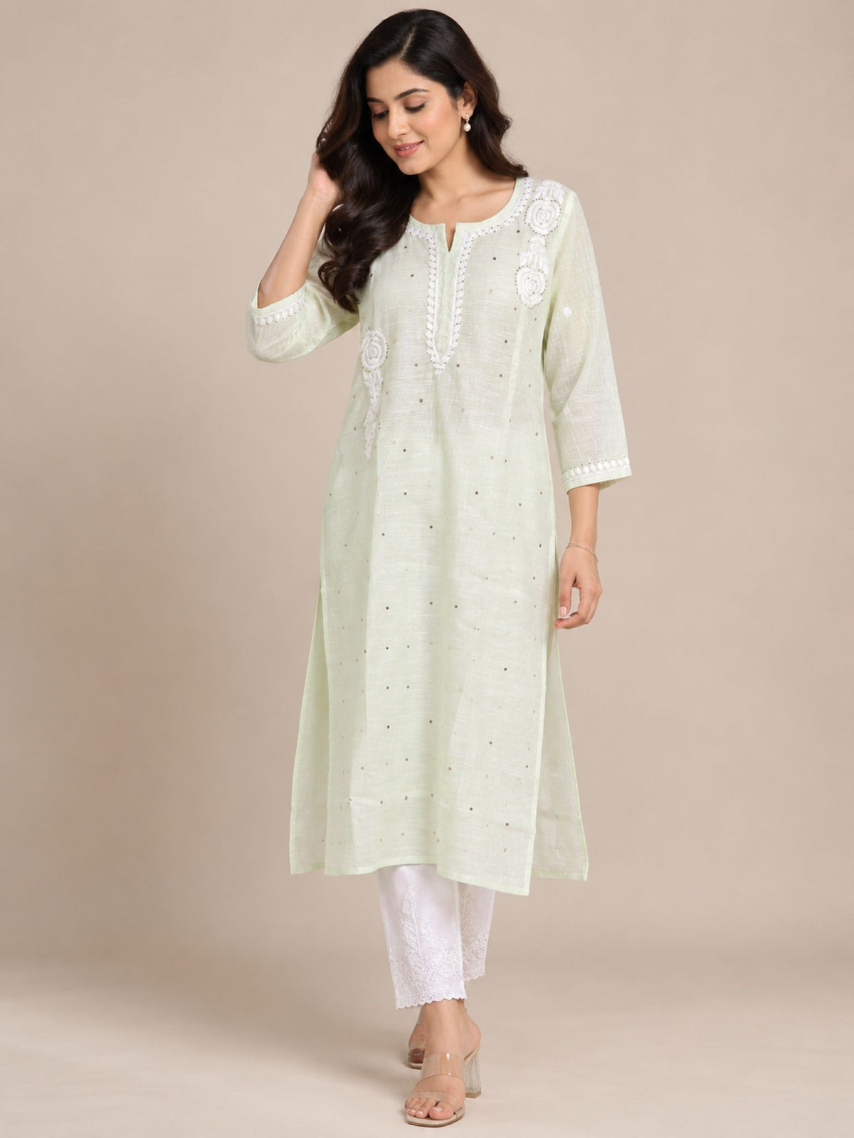 Pistachio Green Mul Chanderi Straight Mukaish Kurti