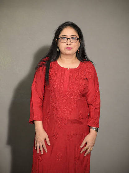 Crimson Red Muslin Kurti Plazo Set
