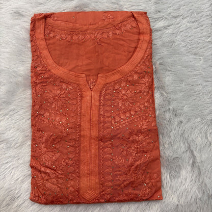 Terracotta Orange Modal Satin Straight Mukaish Kurti