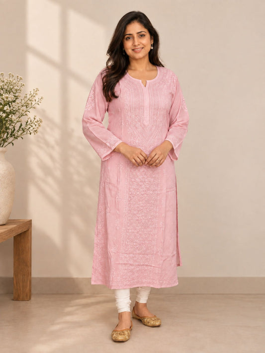 Pink Muslin Straight Mukaish Kurti