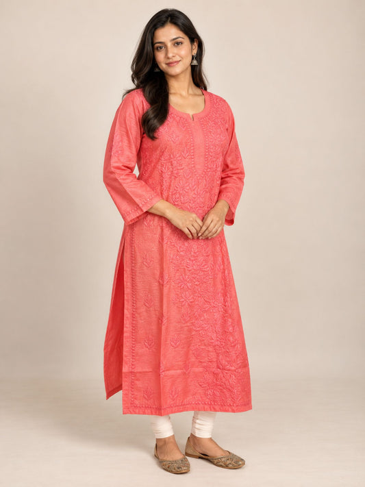 Terracotta Red Chanderi Straight Kurti