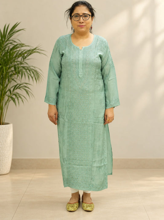 Sage Green Muslin Straight Mukaish Kurti