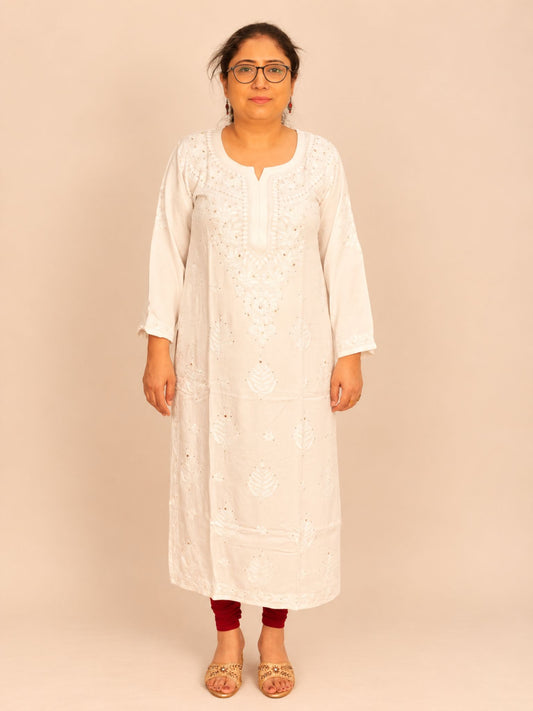 White Modal Satin Straight Mukaish Kurti