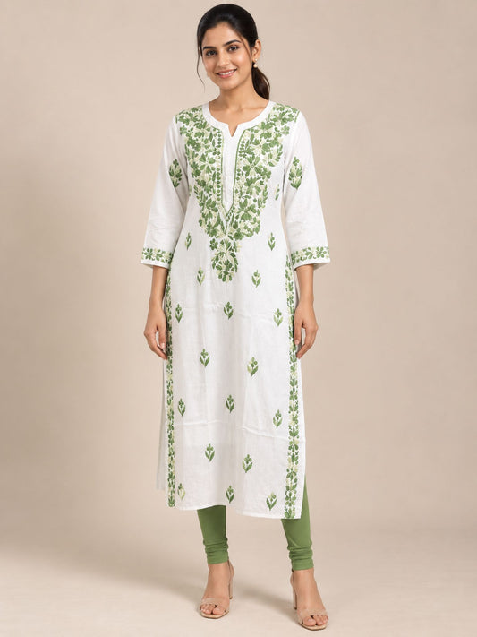 White Green Ombre Cotton Straight Kurti