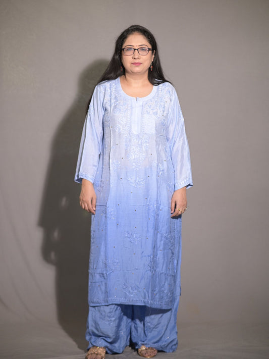 Blue Ombre Muslin Kurta Plazo Set
