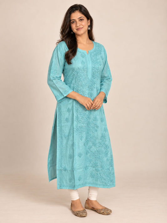 Sea Green Chanderi Straight Kurti