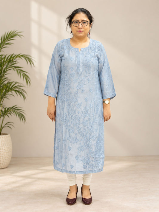 Powder Blue Chanderi Straight Kurti