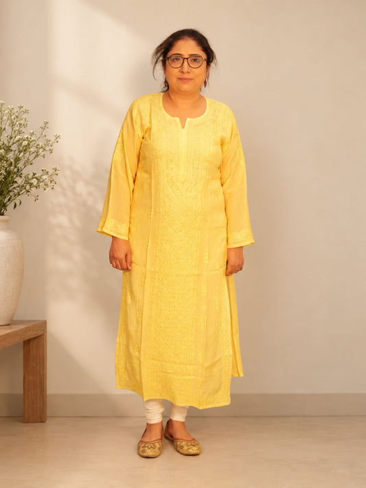 Yellow Muslin Straight Mukaish Kurti