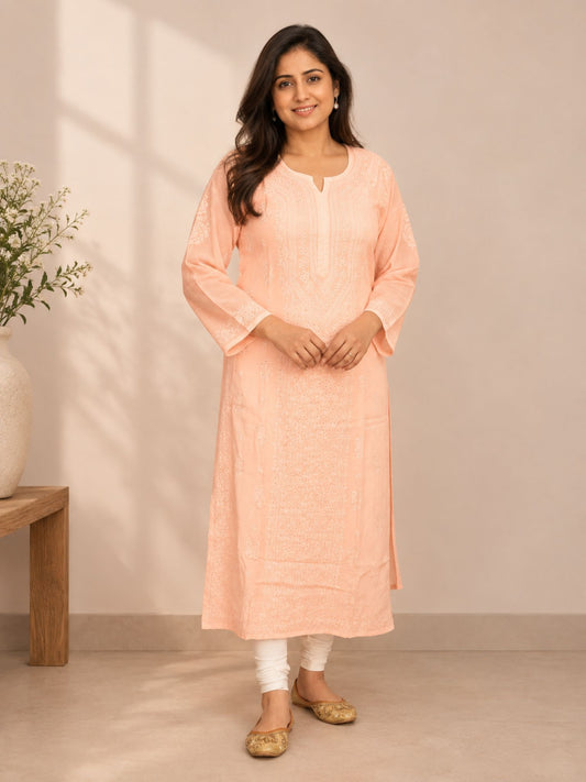 Peach Muslin Straight Mukaish Kurti