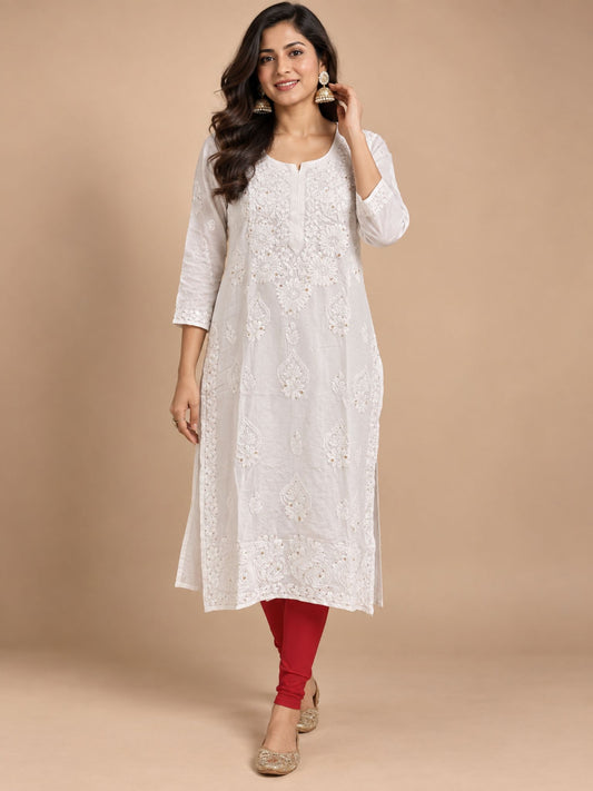 White Muslin Straight Mukaish Kurti