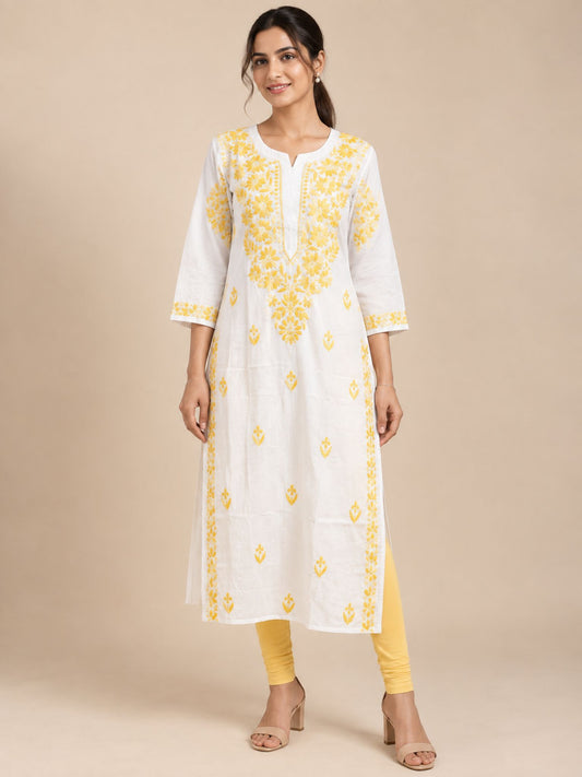 White Yellow Ombre Cotton Straight Kurti