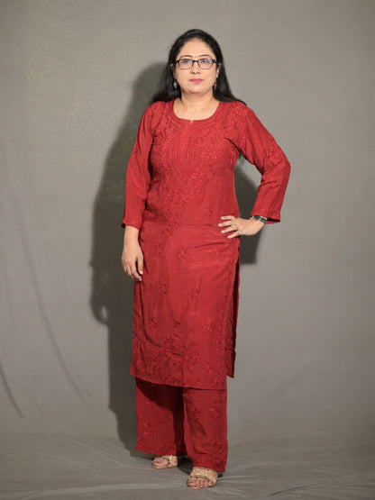 Crimson Red Muslin Kurti Plazo Set