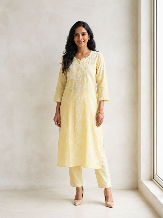 Pastel Yellow Mul Chanderi Kurta Set
