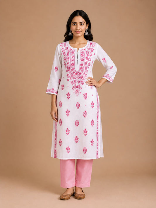 Pink White Mul Cotton Straight Kurti