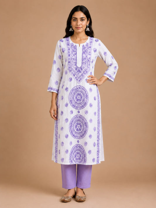 Lavender White Mul Cotton Straight Kurti