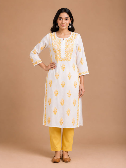 Yellow White Mul Cotton Straight Kurti
