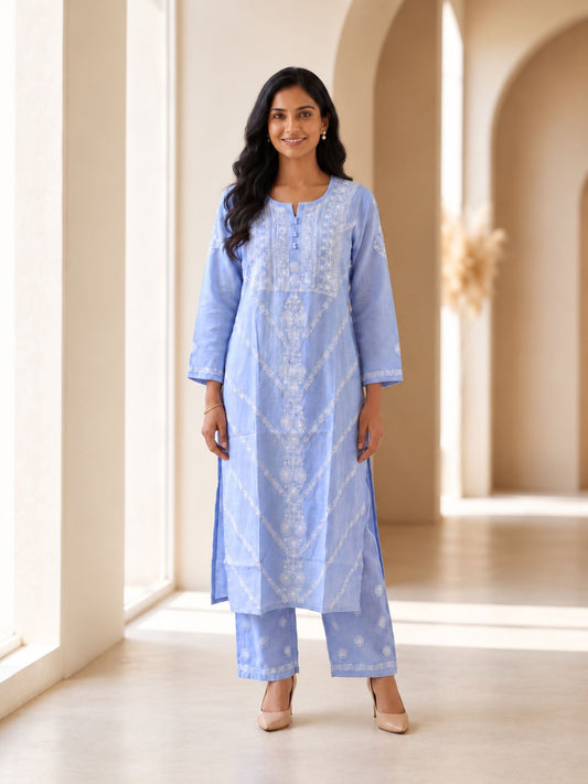 Powder Blue Mul Chanderi Kurta Set
