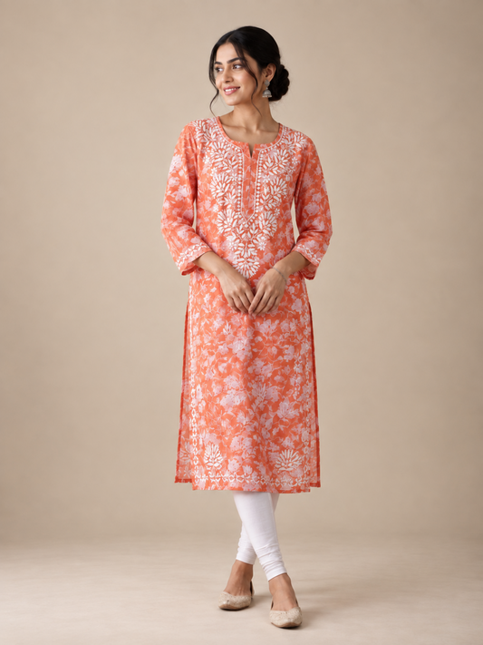 Terracotta Orange Mul Cotton Printed Kurti