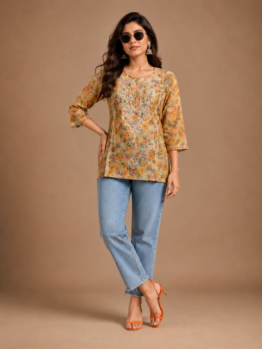 Mustard Yellow Floral Printed Short Kurta