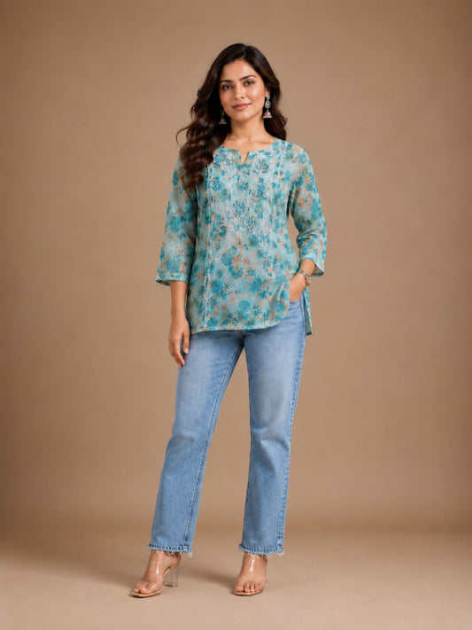 Teal Green Floral Printed Short Kurta