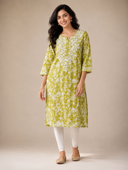 Olive Green Mul Cotton Printed Kurti