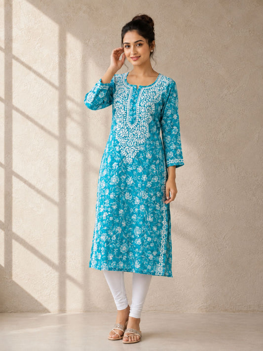 Turquoise Blue Mul Cotton Printed Kurti