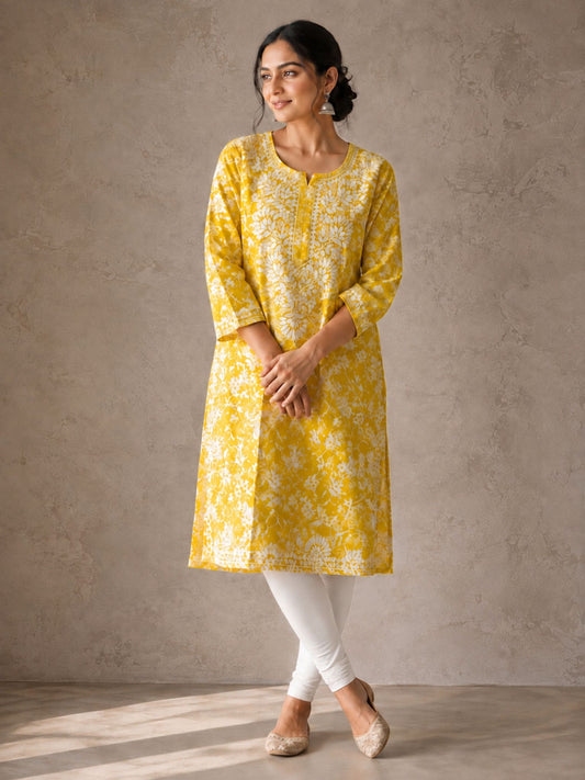 Mustard Yellow Mul Cotton Printed Kurti