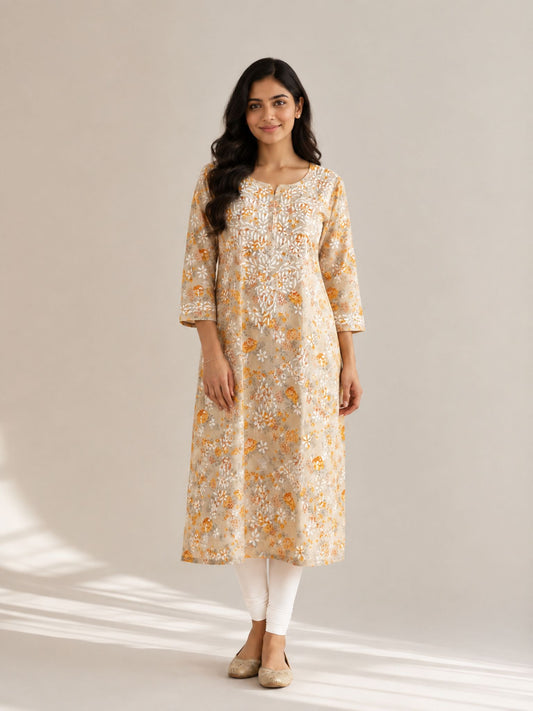 Sage Beige Cotton Printed Kurti