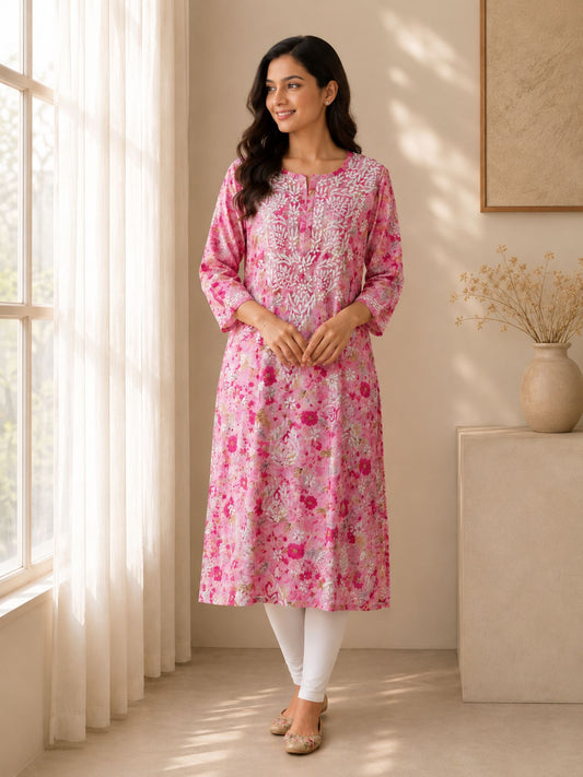 Rose Pink Cotton Printed Kurti