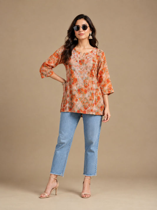 Rust Orange Floral Printed Short Kurta