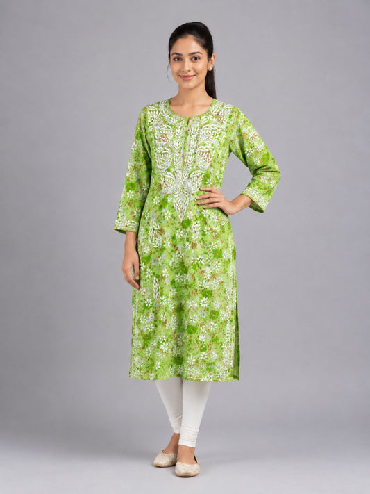 Leaf Green Cotton Printed Kurti