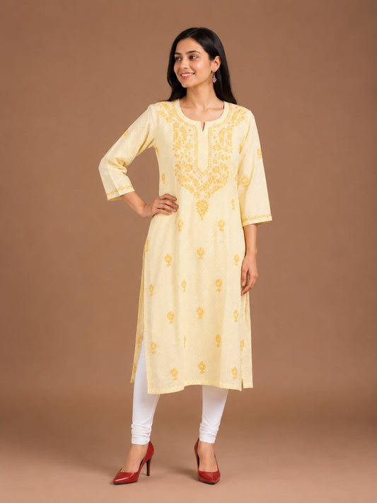 Yellow Cotton Printed Kurti