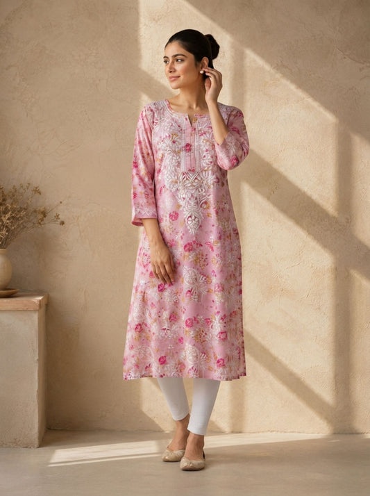 Mauve Pink Cotton Printed Kurti