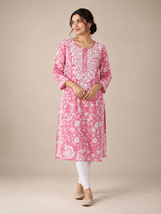 Rose Pink Mul Cotton Printed Kurti