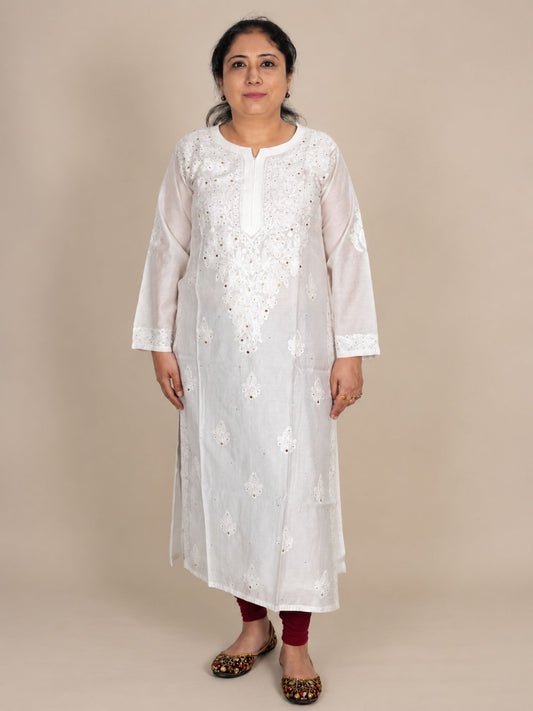 White Chanderi Satin Straight Mukaish Kurti