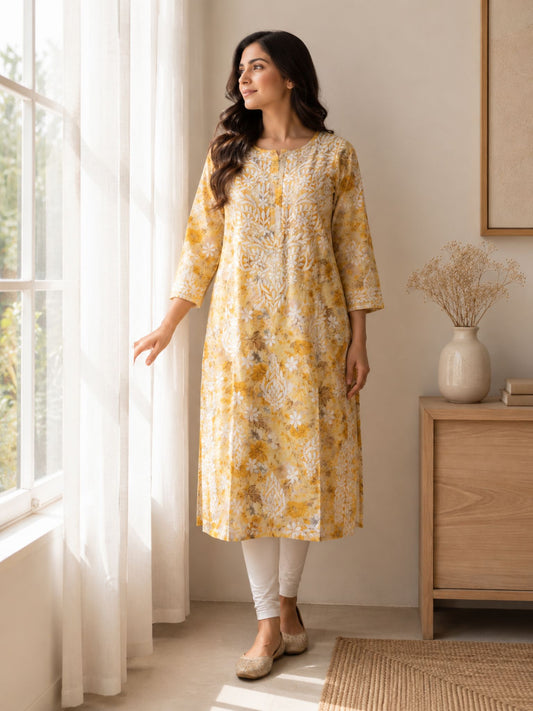 Mustard Yellow Cotton Printed Kurti