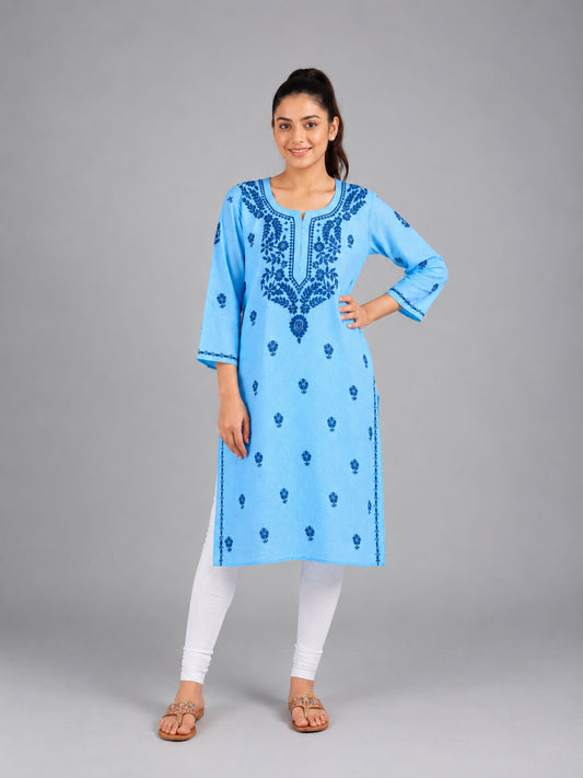 Powder Blue Cotton Printed Kurti