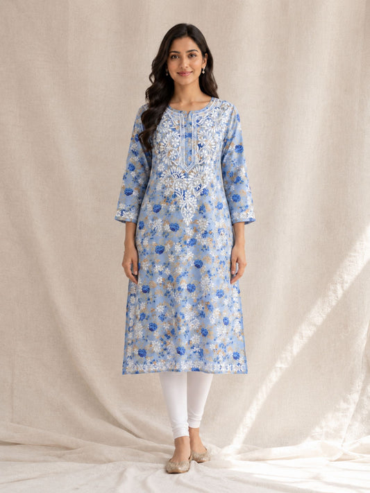Powder Blue Cotton Printed Kurti