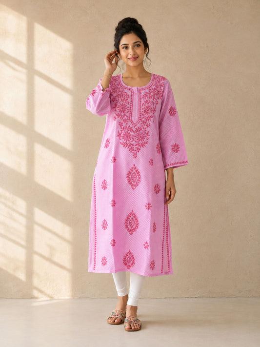 Rose Pink Cotton Printed Kurti