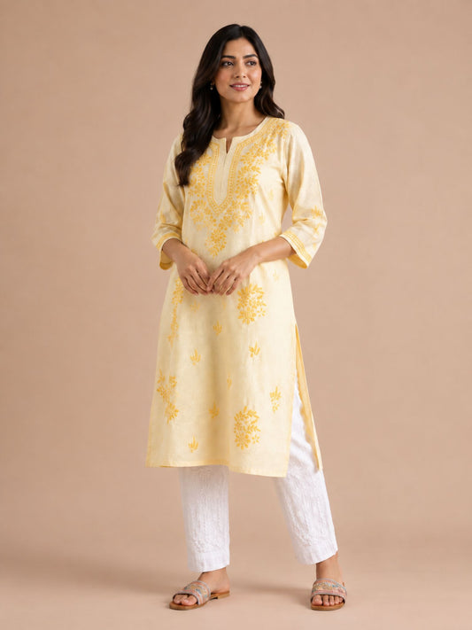 Yellow Cotton Printed Kurti