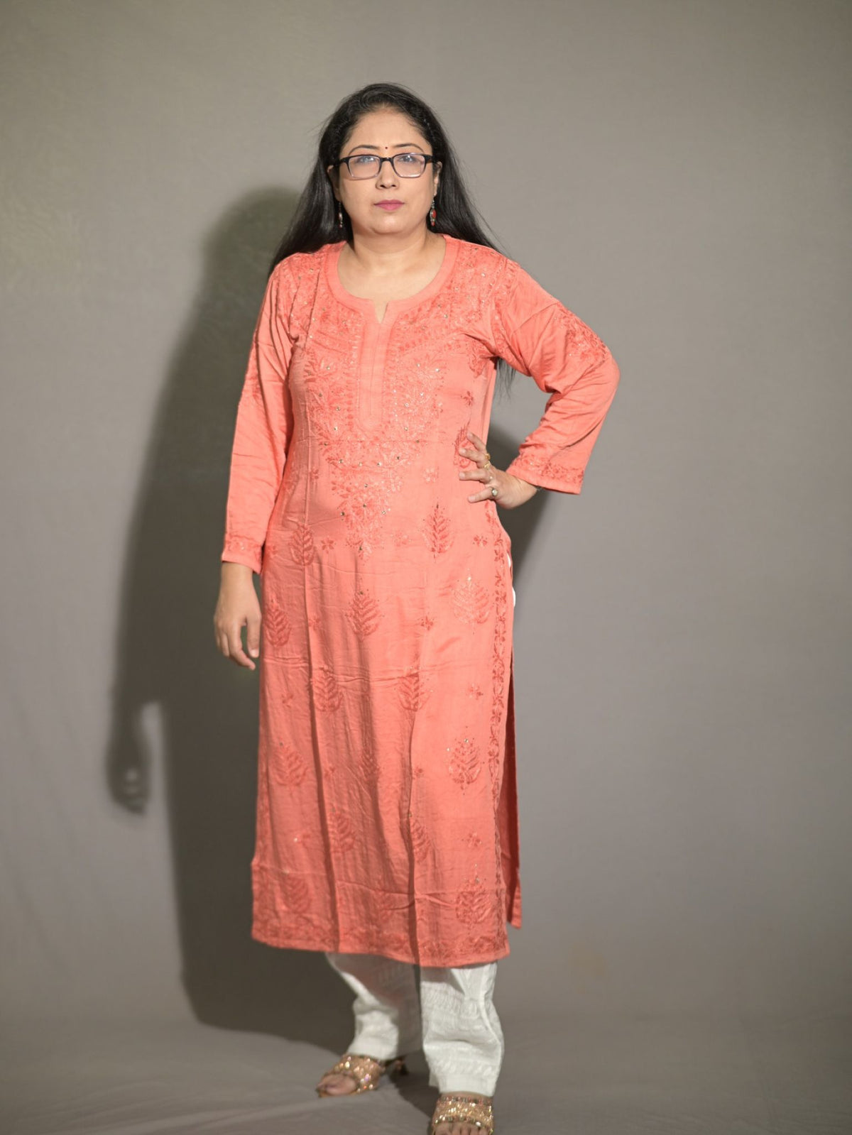 Terracotta Orange Modal Satin Straight Mukaish Kurti
